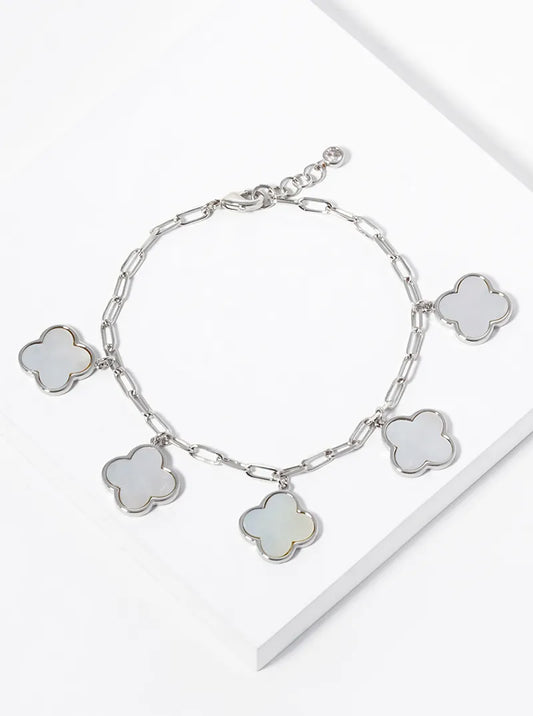 White Gold Dipped 14mm Five Quatrefoil Charms Chain Bracelet