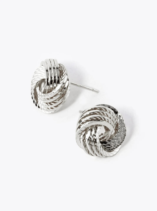 White Gold Dipped 14mm Textured Brass Love Knot Stud Earrings