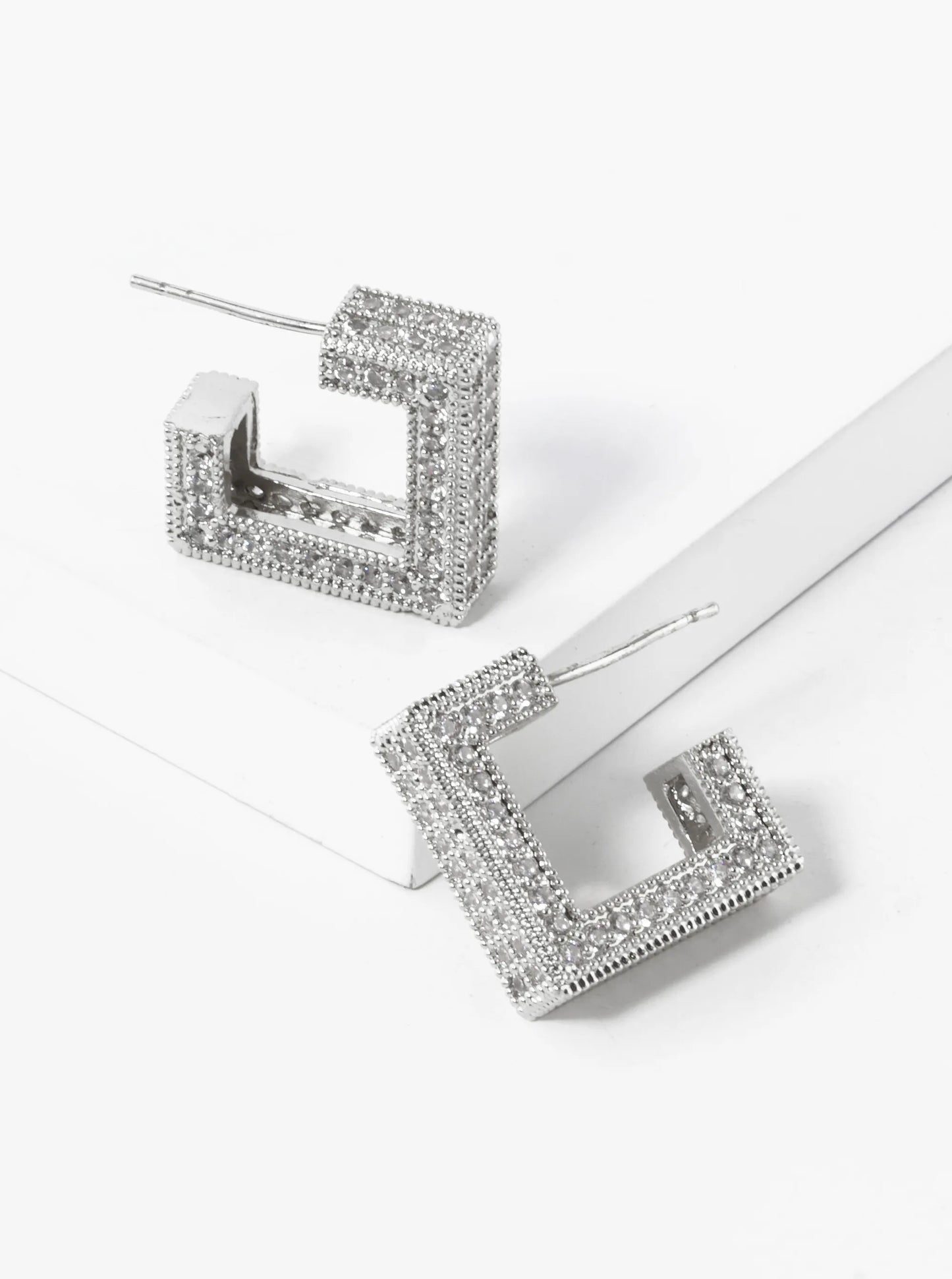 White Gold Dipped 16mm Cubic Zirconia Pave Square Shape Open Hoop Earrings