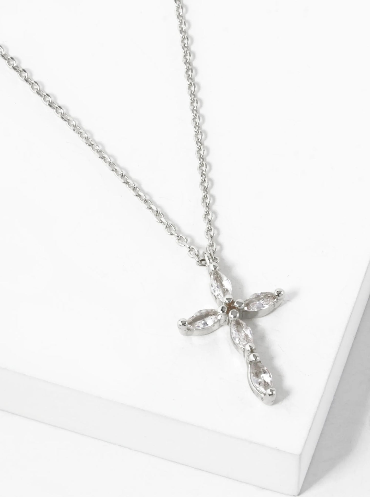 White Gold Dipped 16mm Marquise Shaped Cubic Zirconia Stone Cross Pendant Necklace