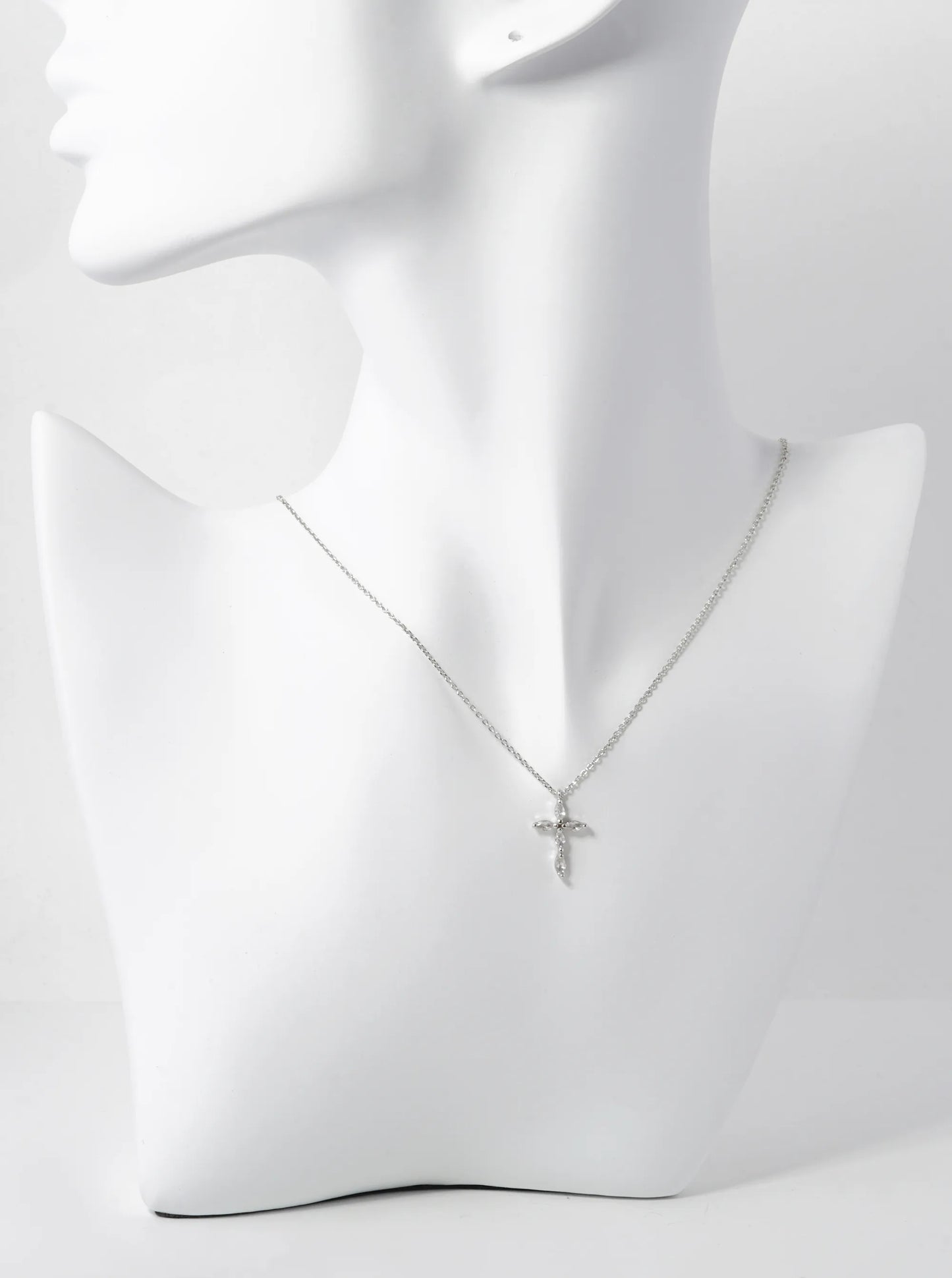 White Gold Dipped 16mm Marquise Shaped Cubic Zirconia Stone Cross Pendant Necklace