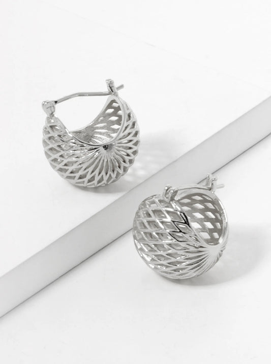 White Gold Dipped 18mm Textured 3D Latch Back Hoop Earrings