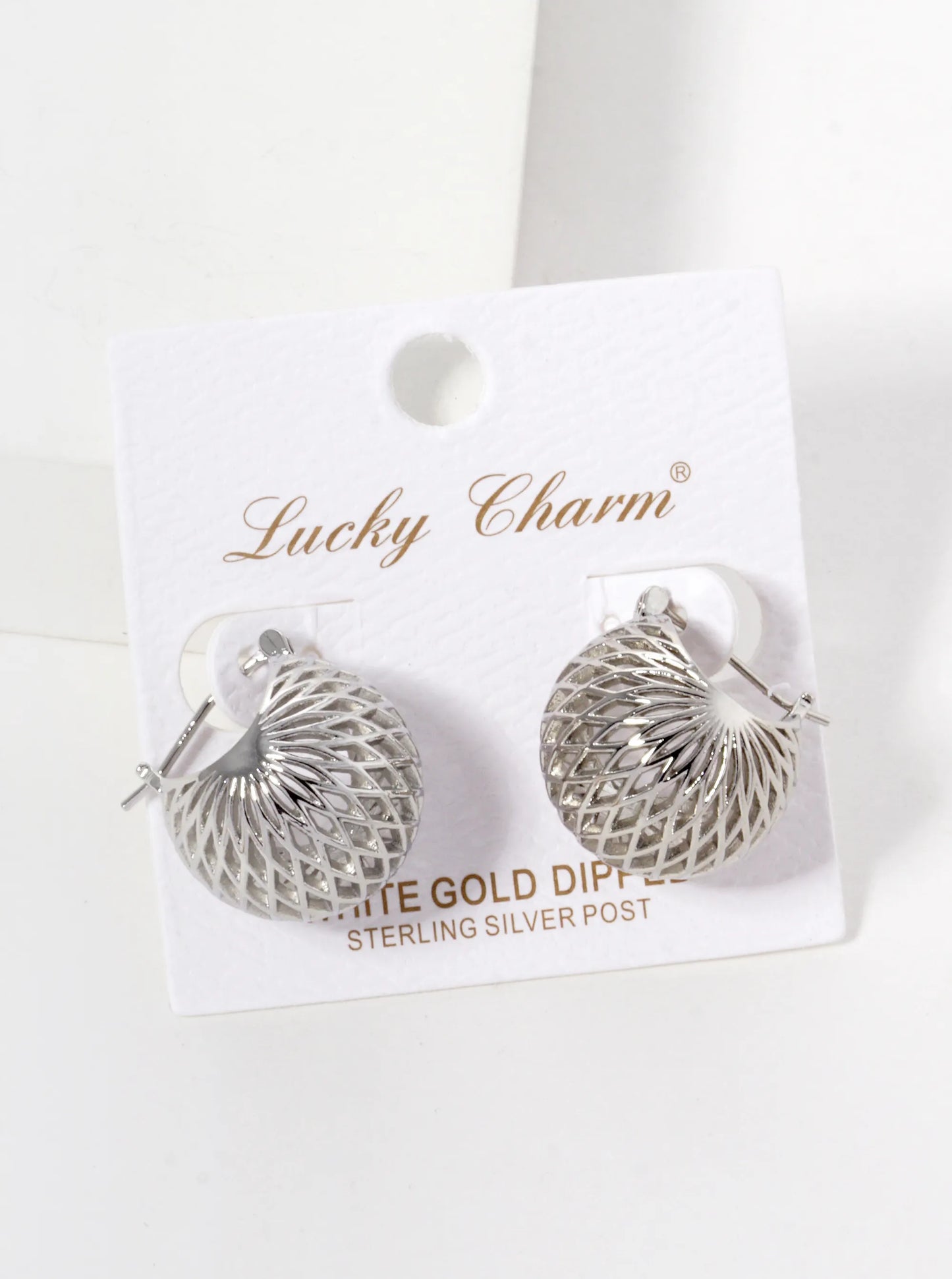 White Gold Dipped 18mm Textured 3D Latch Back Hoop Earrings