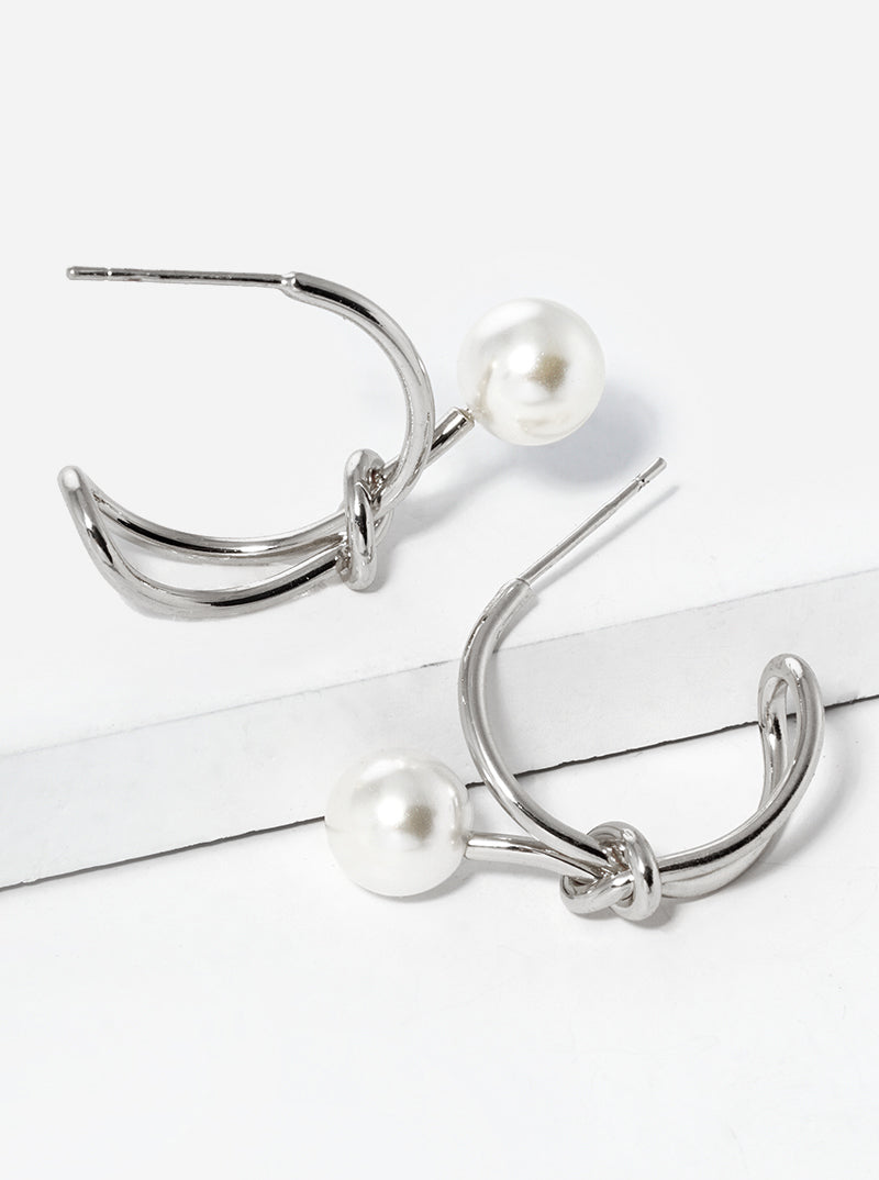 White Gold Dipped 20mm Love Knot Open Hoop Earrings With Pearl