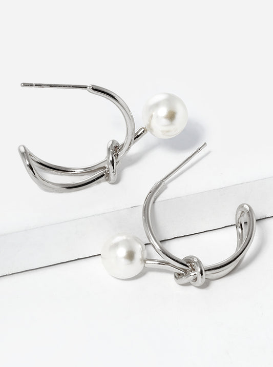 White Gold Dipped 20mm Love Knot Open Hoop Earrings With Pearl
