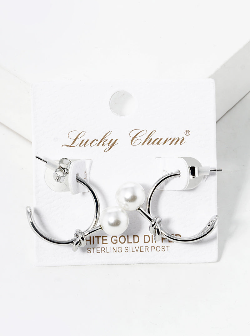 White Gold Dipped 20mm Love Knot Open Hoop Earrings With Pearl