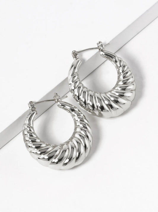 White Gold Dipped 25mm Textured Hollow Puffy Hoop Earrings