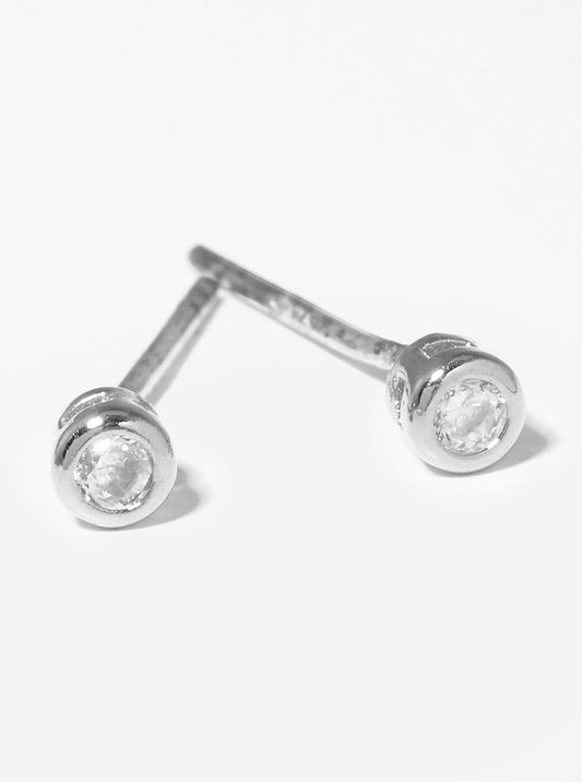 White Gold Dipped 2mm Round Bezel CZ Sterling Silver Post Stud Earrings