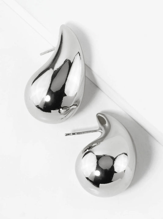 White Gold Dipped 3D Hollow Puffy Teardrop Stud Earrings