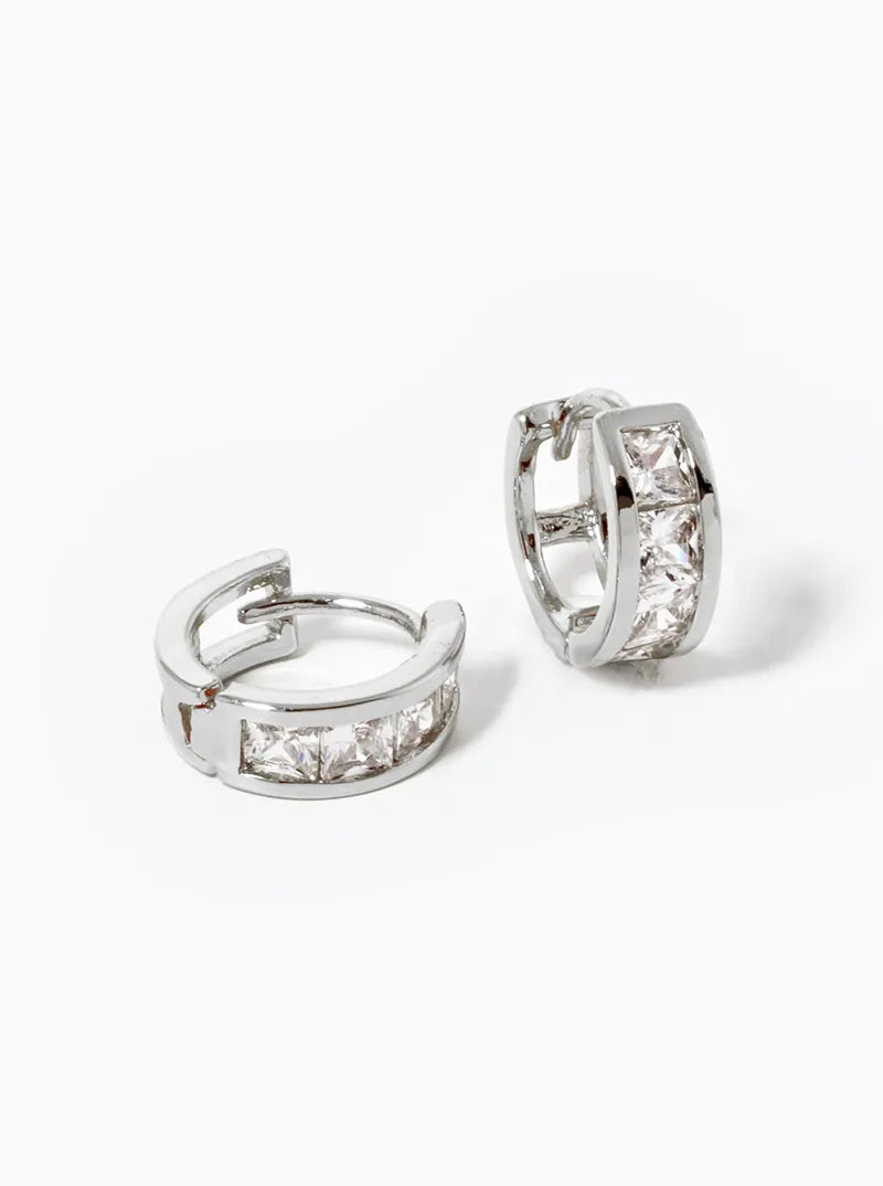 White Gold Dipped 4 Square CZ Pave Huggie Hoop Earrings