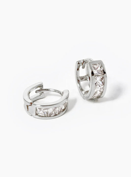 White Gold Dipped 4 Square CZ Pave Huggie Hoop Earrings