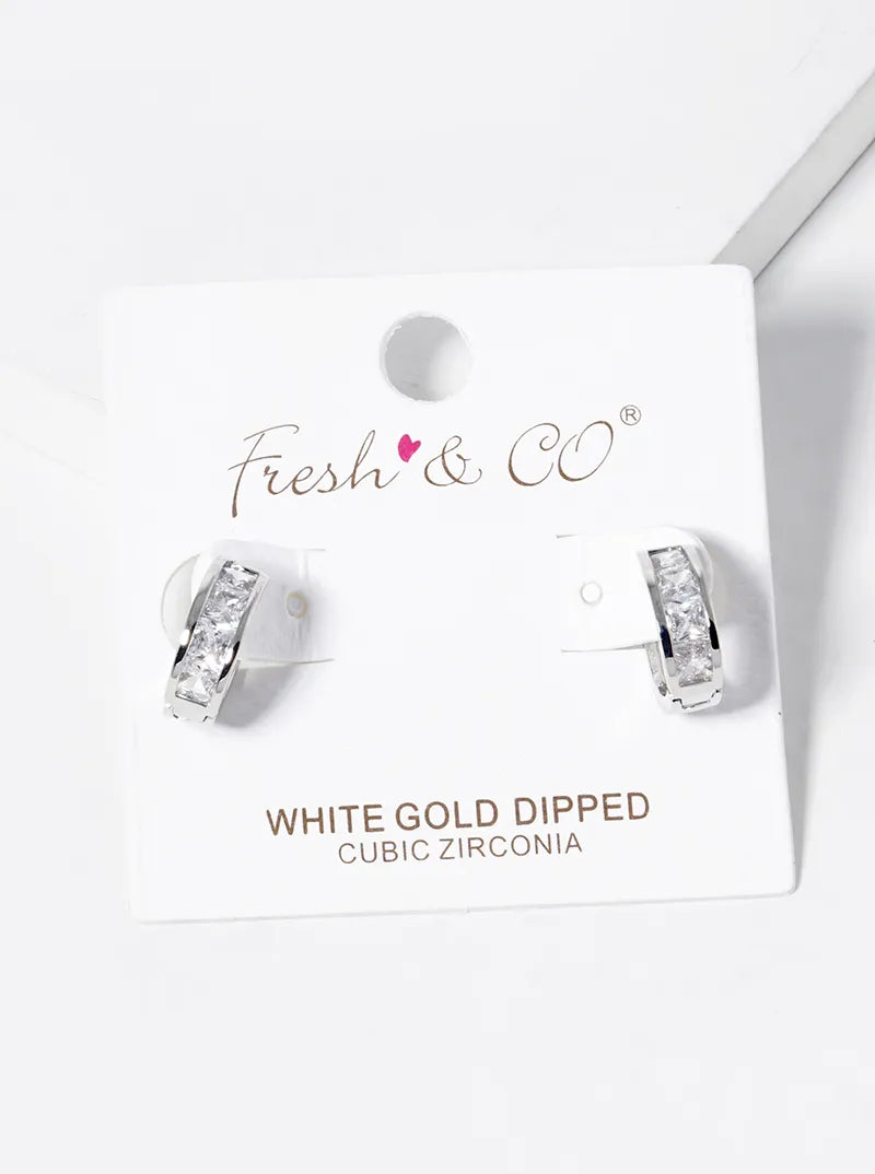 White Gold Dipped 4 Square CZ Pave Huggie Hoop Earrings