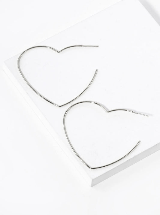White Gold Dipped 50mm Heart Shape Lightweight Open Hoop Earrings