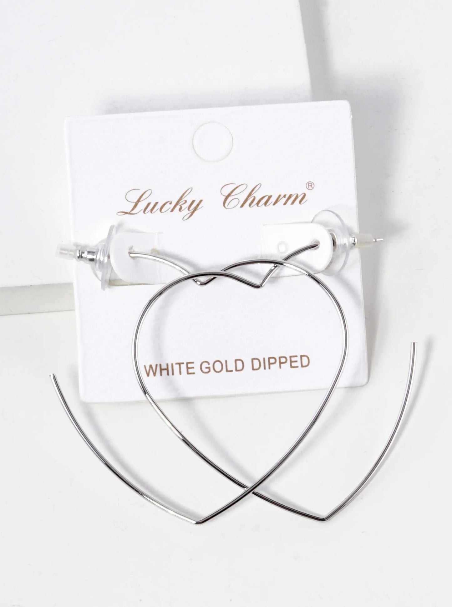 White Gold Dipped 50mm Heart Shape Lightweight Open Hoop Earrings