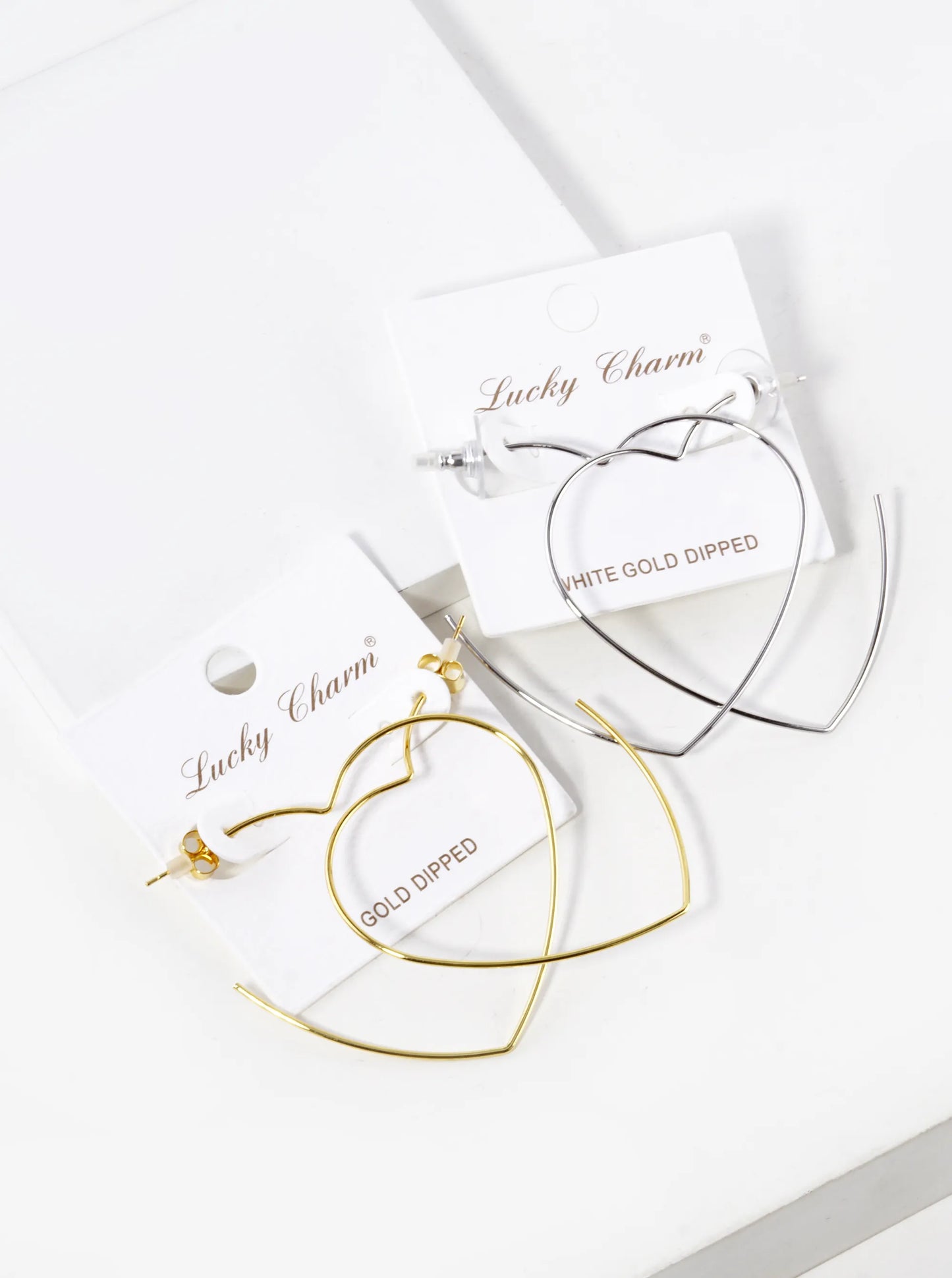White Gold Dipped 50mm Heart Shape Lightweight Open Hoop Earrings