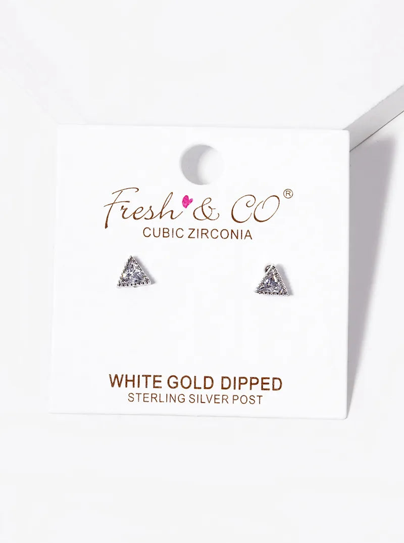 White Gold Dipped 5mm CZ Triangle Stud Earrings