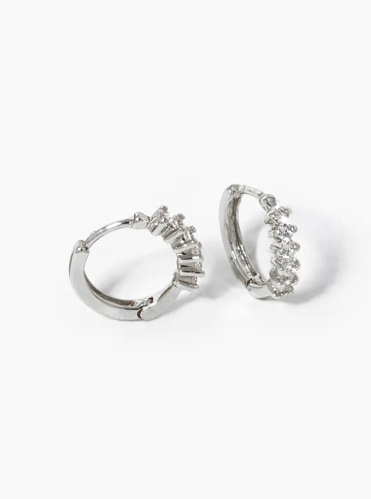 White Gold Dipped 6 CZ Stone Pave 11mm Huggie Hoop Earrings