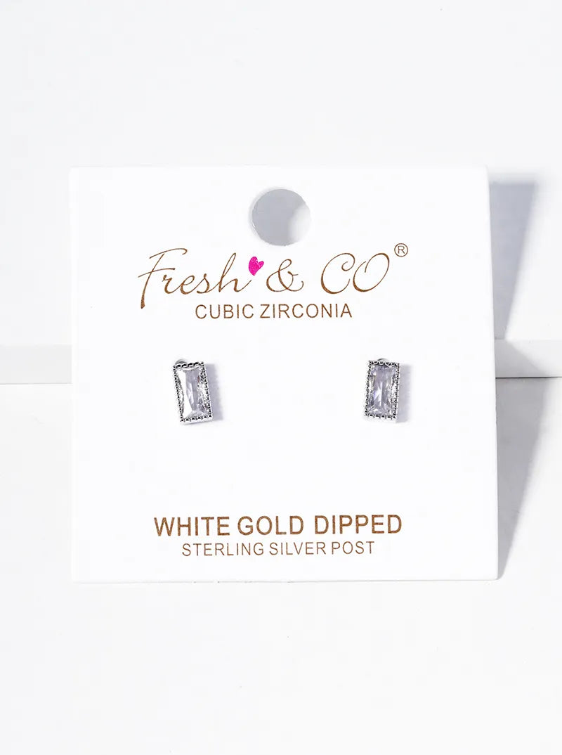 White Gold Dipped 6mm Baguette CZ Post Stud Earrings