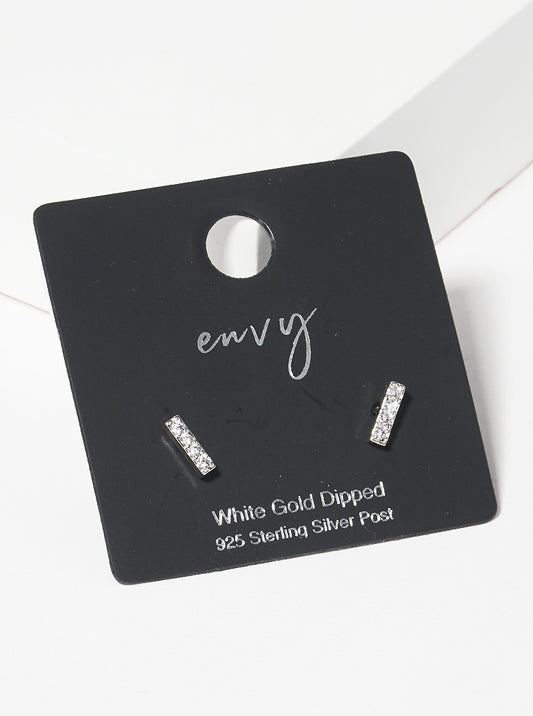 White Gold Dipped 6mm CZ Dainty Bar Sterling Silver Post Stud Earrings