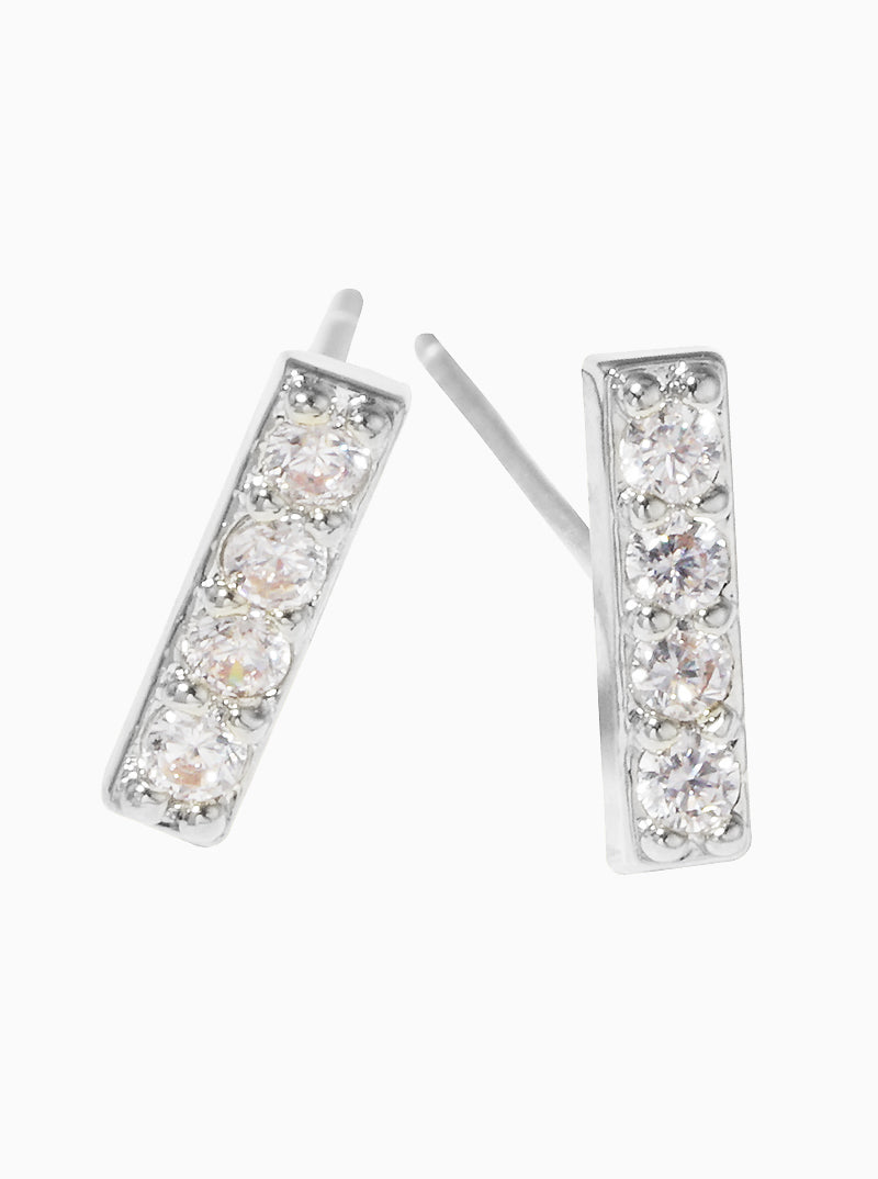 White Gold Dipped 6mm CZ Dainty Bar Sterling Silver Post Stud Earrings