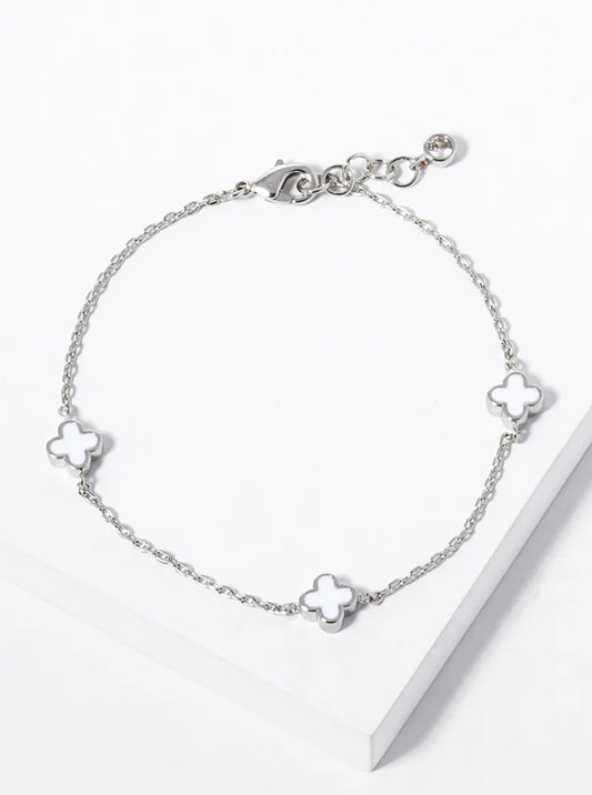 White Gold Dipped 6mm Enamel Filled Quatrefoil Chain Bracelet