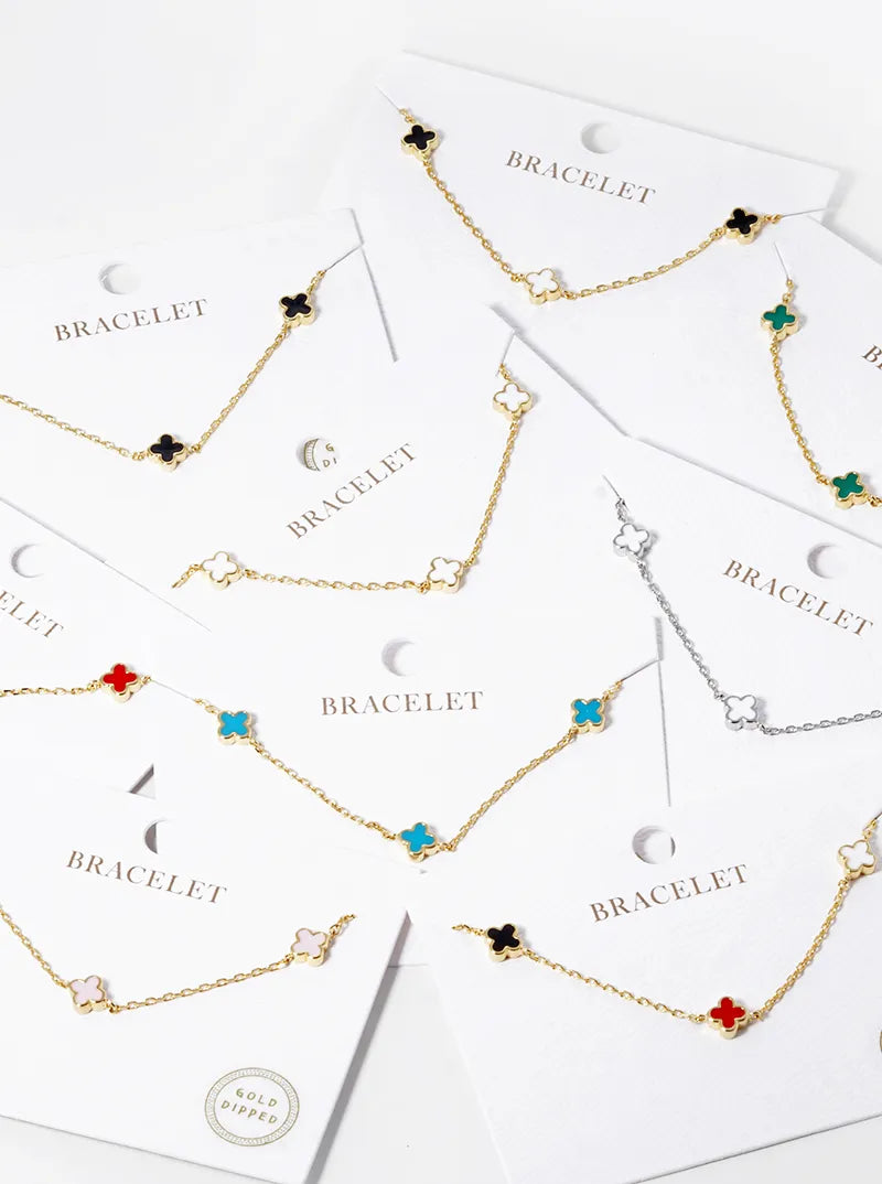 White Gold Dipped 6mm Enamel Filled Quatrefoil Chain Bracelet