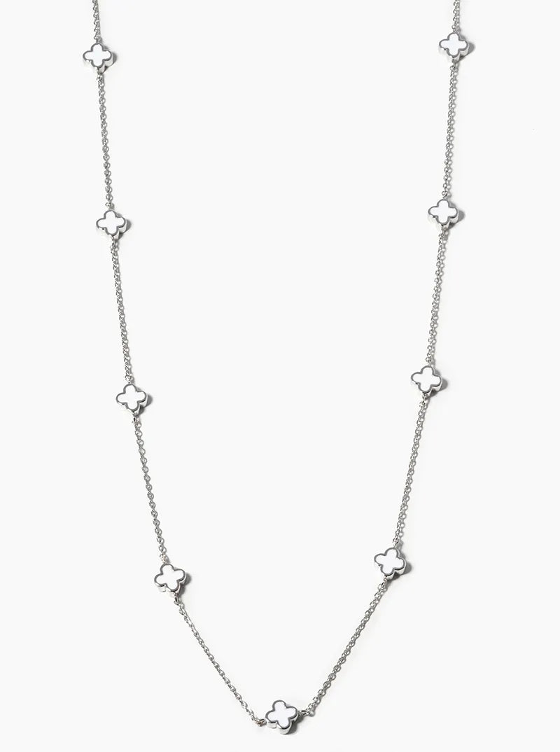 White Gold Dipped 6mm Enamel Filled Quatrefoil Station Necklace