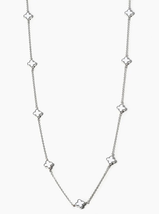 White Gold Dipped 6mm Enamel Filled Quatrefoil Station Necklace