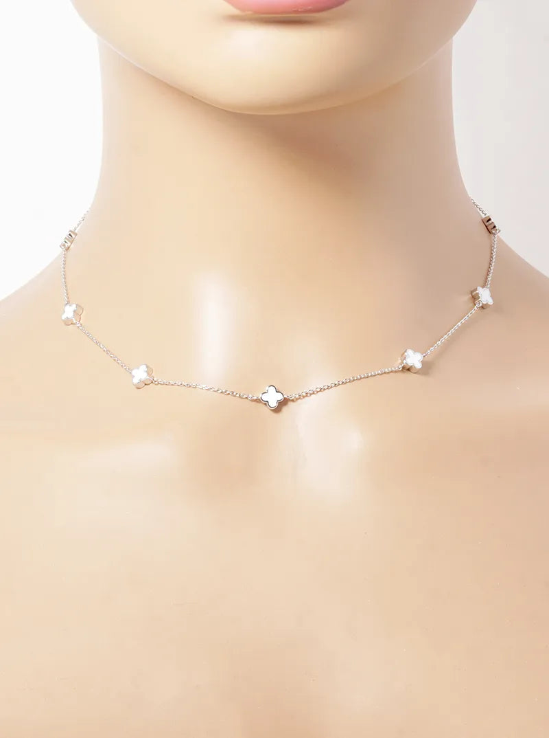 White Gold Dipped 6mm Enamel Filled Quatrefoil Station Necklace