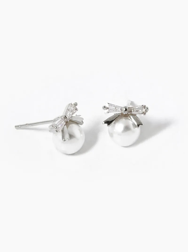 White Gold Dipped 6mm Pearl Drop CZ Ribbon Bow Stud Earrings