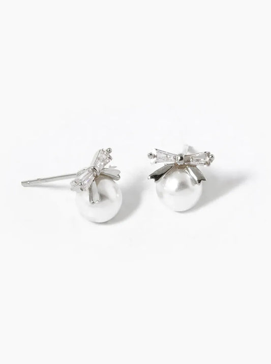 White Gold Dipped 6mm Pearl Drop CZ Ribbon Bow Stud Earrings