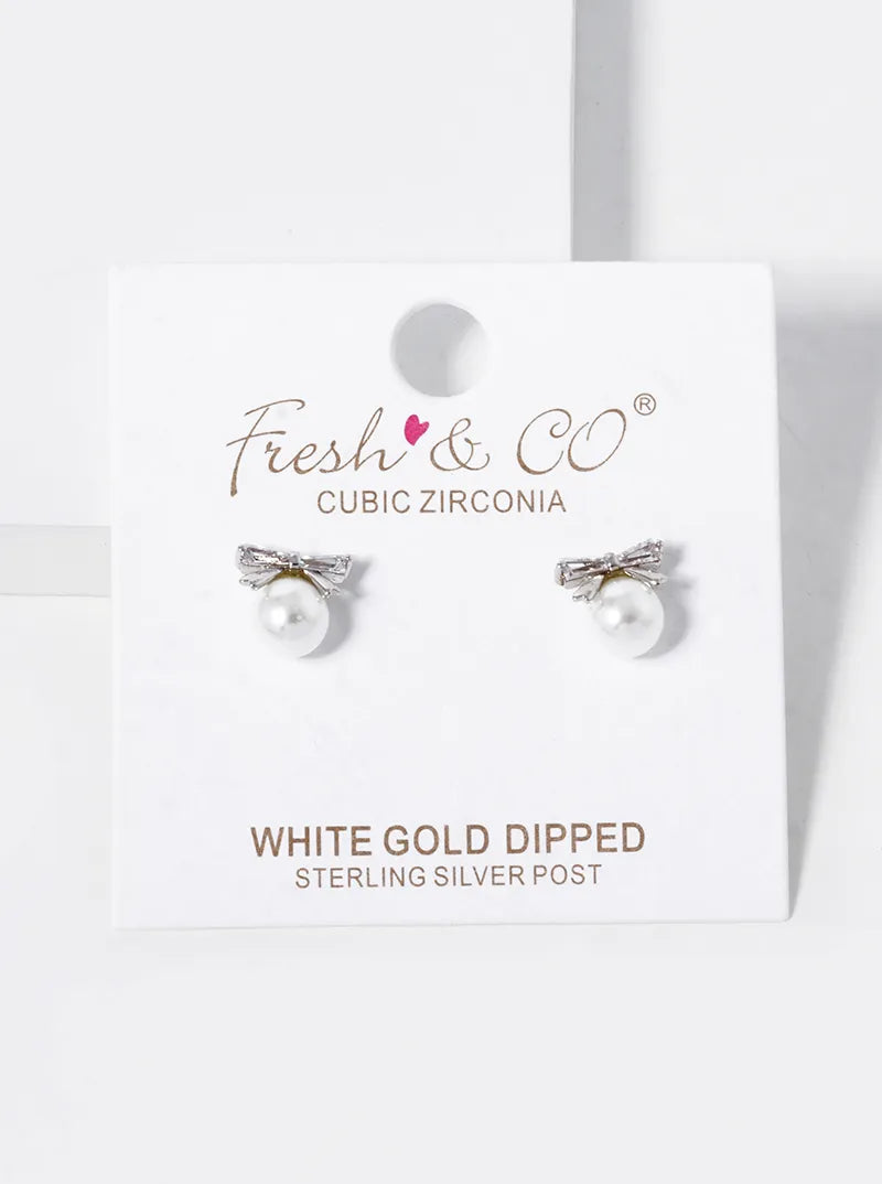 White Gold Dipped 6mm Pearl Drop CZ Ribbon Bow Stud Earrings