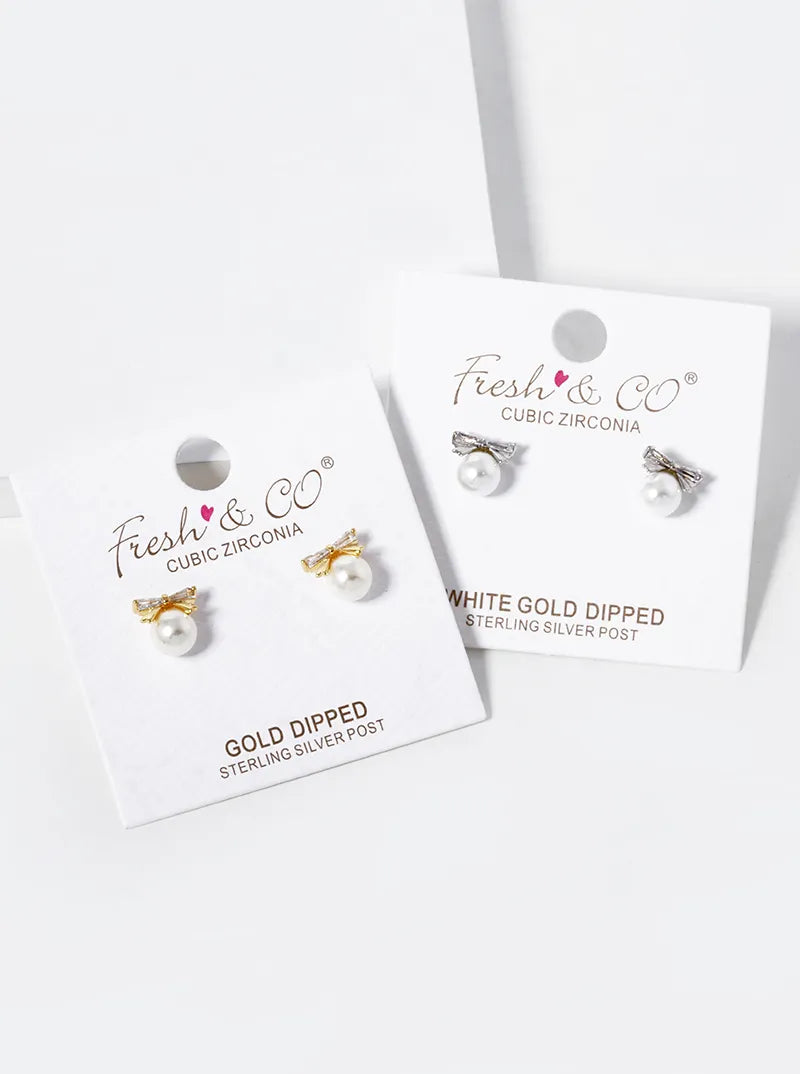 White Gold Dipped 6mm Pearl Drop CZ Ribbon Bow Stud Earrings