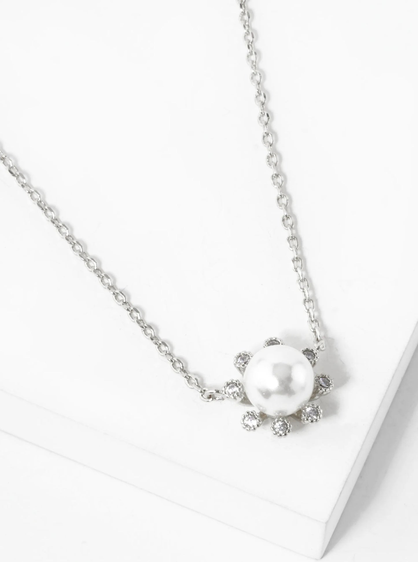 White Gold Dipped 6mm Pearl Flower Pendant Necklace