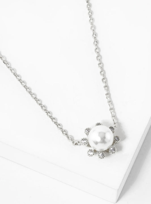 White Gold Dipped 6mm Pearl Flower Pendant Necklace