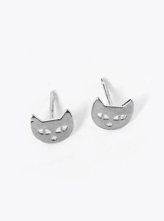White Gold Dipped 7mm Flat Cat Head Stud Earrings