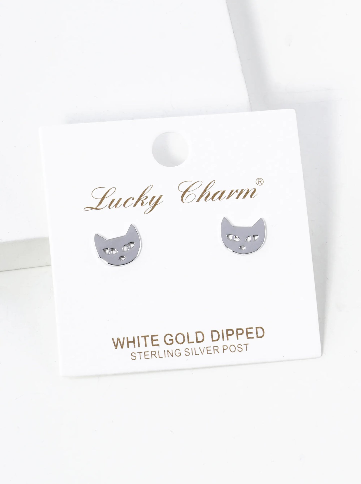 White Gold Dipped 7mm Flat Cat Head Stud Earrings