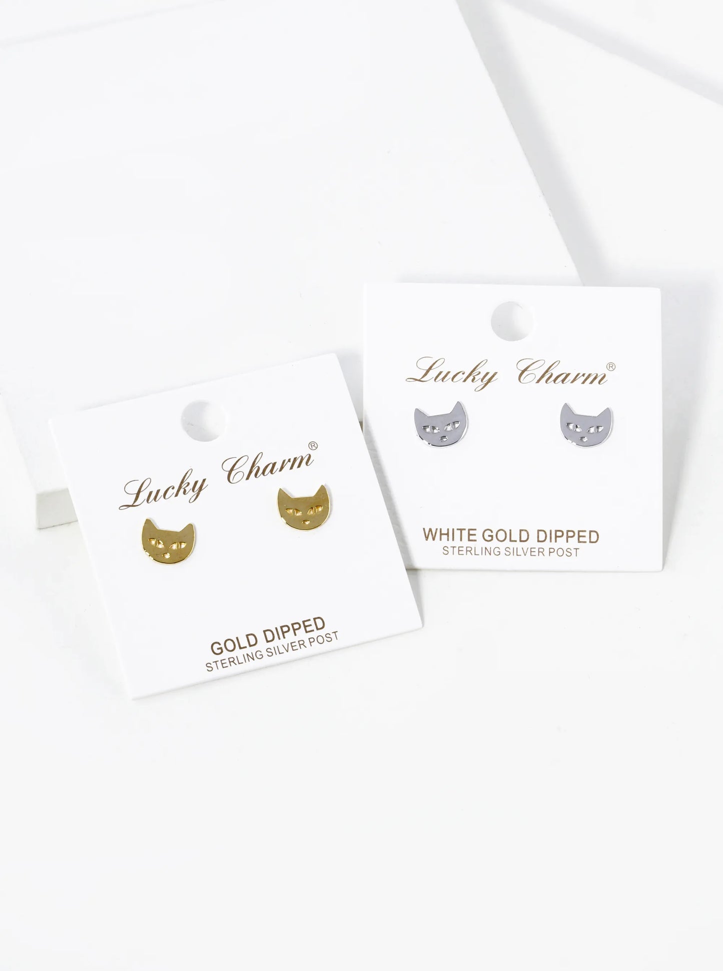 White Gold Dipped 7mm Flat Cat Head Stud Earrings