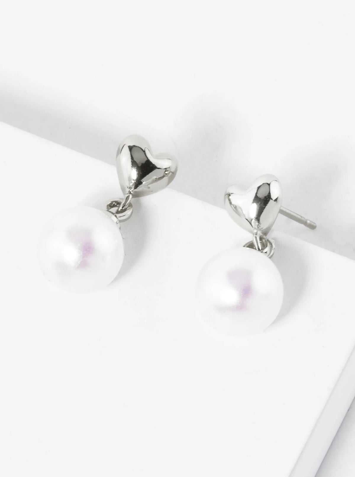 White Gold Dipped 7mm Pearl Bead Drop Heart Post Earrings