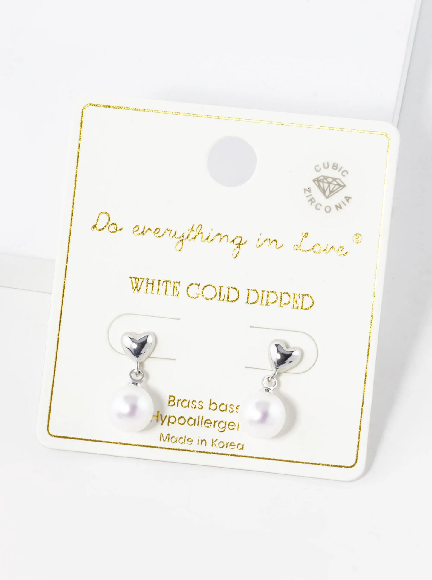 White Gold Dipped 7mm Pearl Bead Drop Heart Post Earrings
