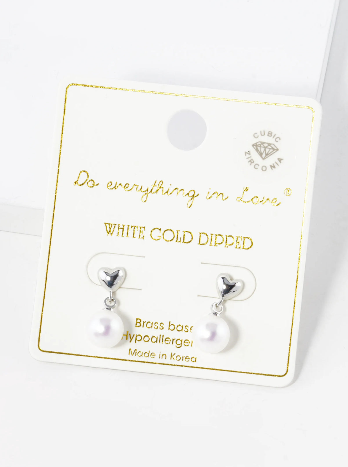 White Gold Dipped 7mm Pearl Bead Drop Heart Post Earrings