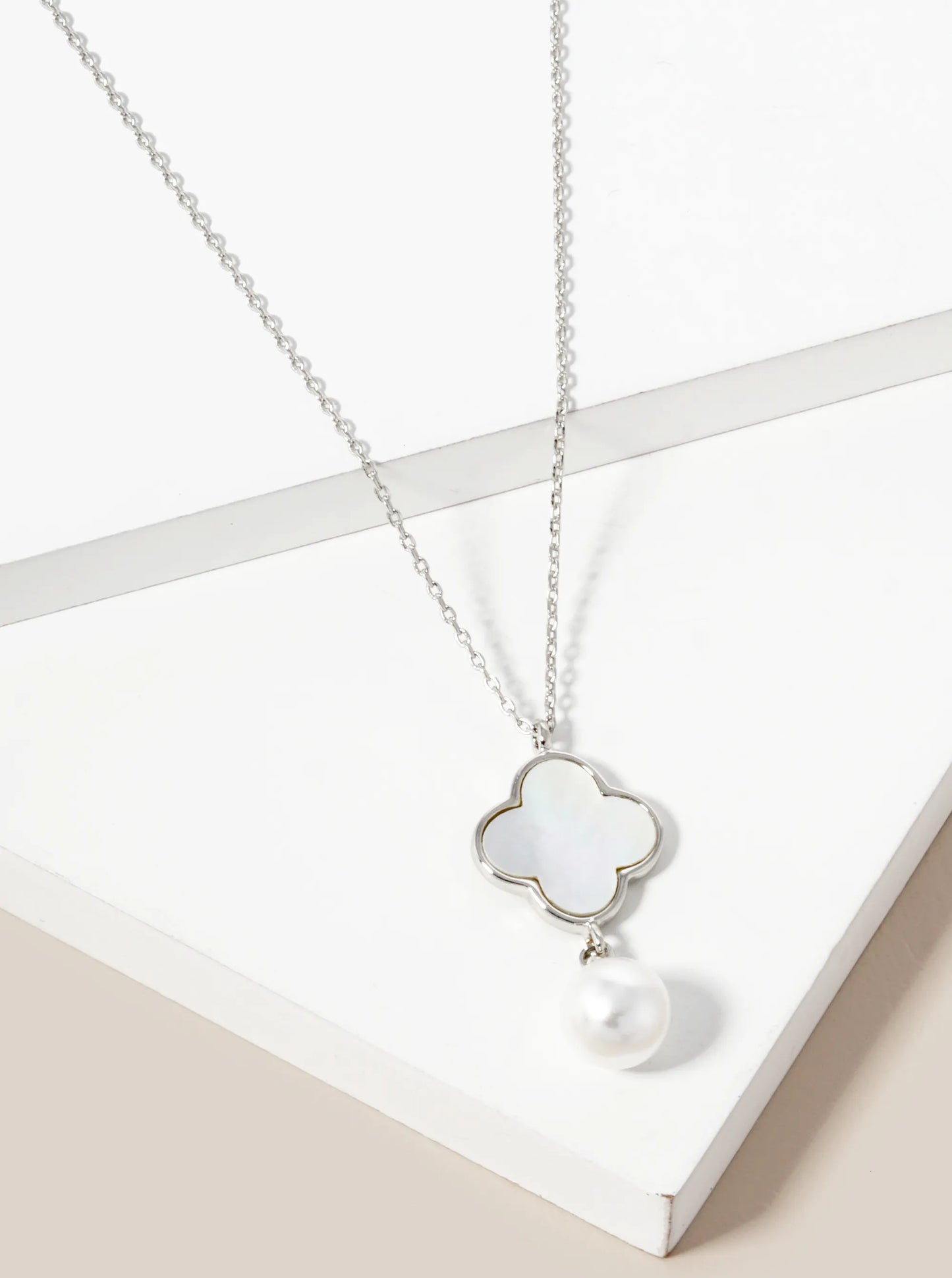White Gold Dipped 7mm Pearl Drop Quatrefoil Pendant Necklace