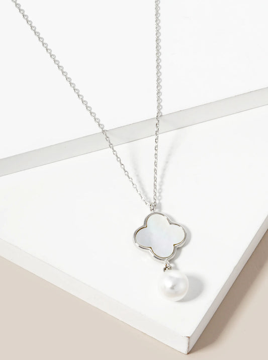 White Gold Dipped 7mm Pearl Drop Quatrefoil Pendant Necklace