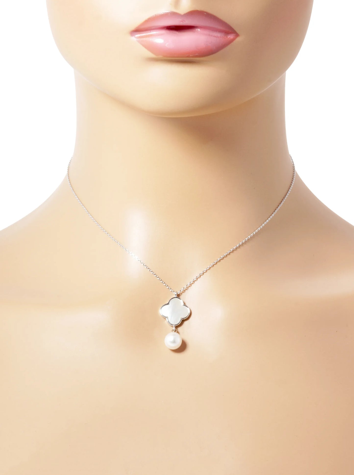 White Gold Dipped 7mm Pearl Drop Quatrefoil Pendant Necklace