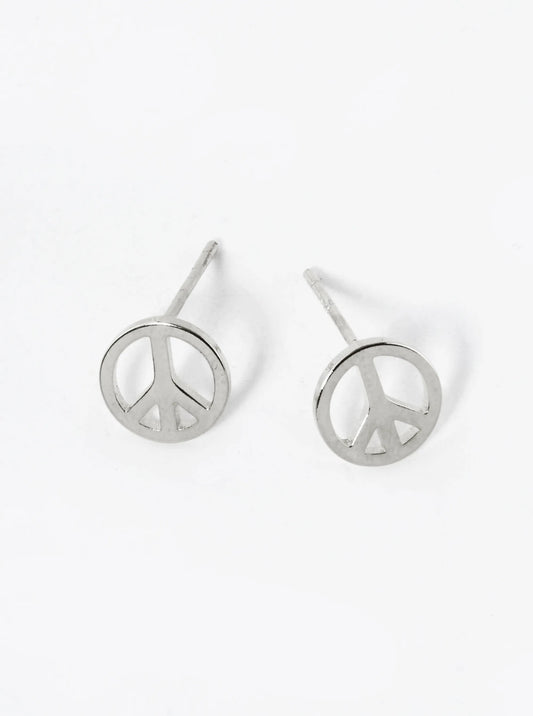 White Gold Dipped 8mm Dainty Peace Sign Brass Stud Earrings