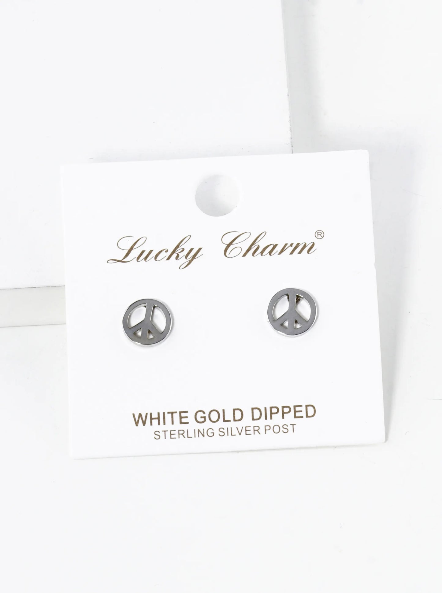 White Gold Dipped 8mm Dainty Peace Sign Brass Stud Earrings