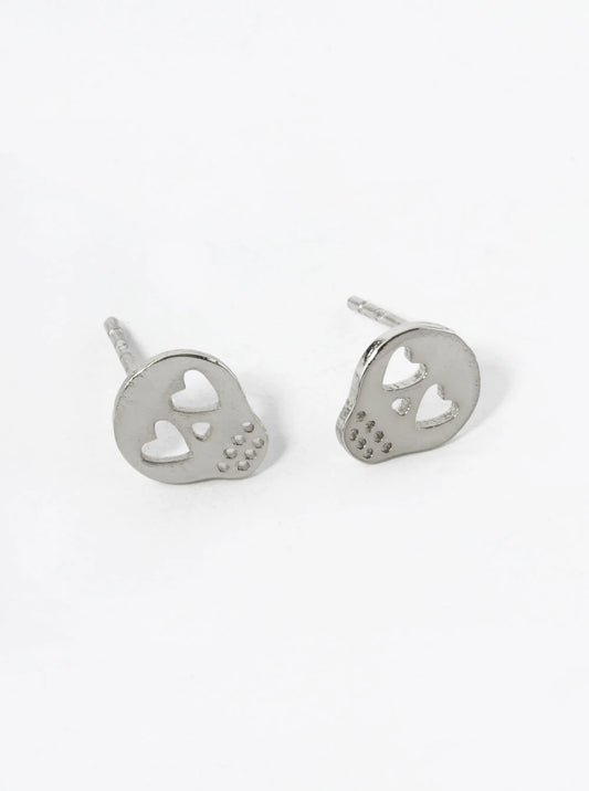White Gold Dipped 8mm Flat Heart Skull Stud Earrings