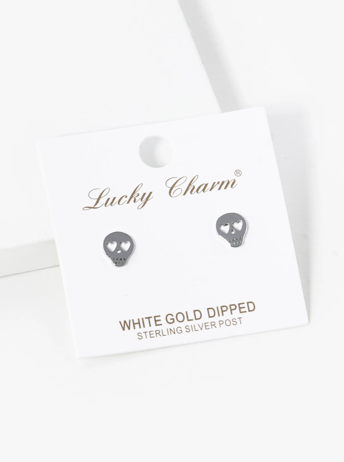 White Gold Dipped 8mm Flat Heart Skull Stud Earrings