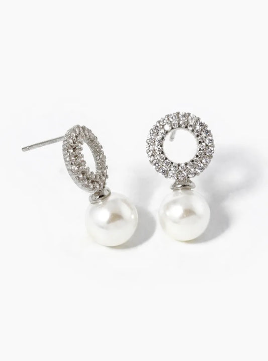 White Gold Dipped 8mm Pearl Drop CZ Pave Circle Stud Earrings
