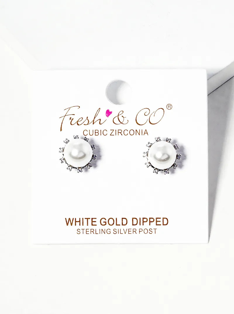 White Gold Dipped 8mm Pearl With CZ Stones Post Stud Earrings